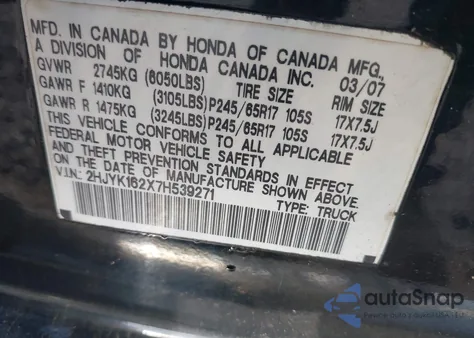 2007 Honda Ridgeline Rt из США, поврежденный, VIN 2HJYK162X7H539271